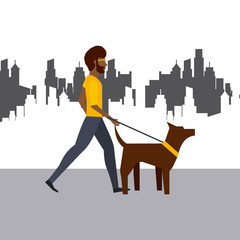 man with a dog walking over city background. colorful design. vector illustration