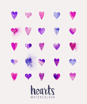A collection of love hearts in watercolour. Vector illustration