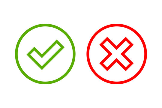 Tick and cross signs. Green checkmark OK and red X icons, isolated on white background. Simple marks graphic design. Circle symbols YES and NO button for vote, decision, web. Vector illustration