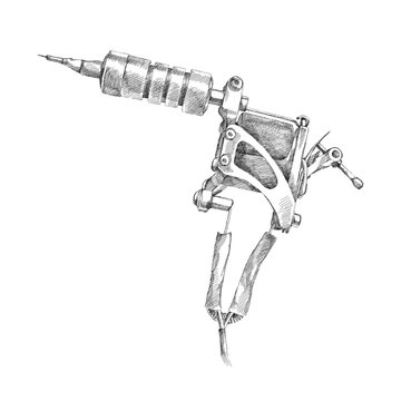 Vector illustration of handmade induction tattoo machine in black isolated on white background. Tattoo equipment for artist in line art or sketch style.