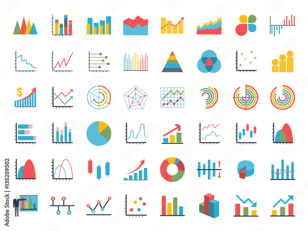 Wall mural business data market elements dot pie bar charts diagrams and graphs flat icons set. statistic and d