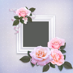 Pink roses and frame on vintage background
