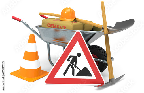 "Schubkarre mit Zement, Schaufel, Pickel, Baustellenschild ...