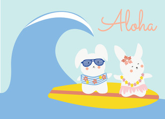 Cute bunnies surfing. Aloha vector. Rabbits having fun.