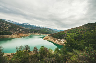 Fototapeta na wymiar Storage pond on Dim Cay river in the mountain area of Alanya, Antalya province, Turkey