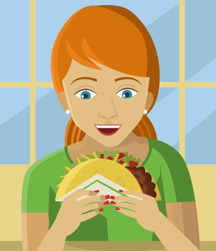 woman eating mexican fast food taco