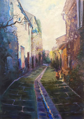 Narrow street in old European town, original oil painting, impressionistic style
