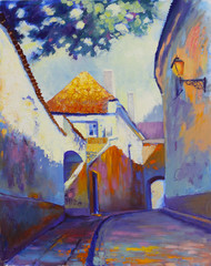Street in old European town in yearly morning, original oil painting on canvas, impressionistic style - 135212179
