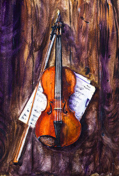 Violin or viola with bow and notes on a wooden surface. Stringed