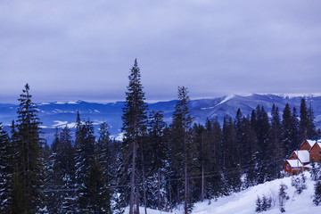 Forester's hut in the snowy mountain forest. Colorful winter sunrise in Carpathians, Happy New Year...