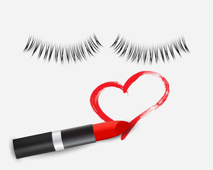 Realistic red lipstick, hand drawn heart and eyelashes isolated on white, vector illustration.