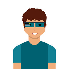 man cartoon with augmented reality visor icon over white background. colorful design. vector illustration