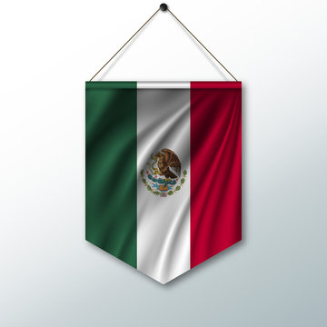 The national flag of Mexico. The symbol of the state in the pennant hanging on the rope. Realistic vector illustration.