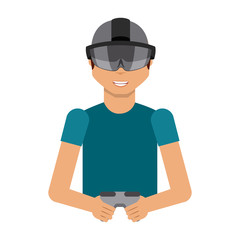man cartoon with augmented reality visor icon over white background. colorful design. vector illustration