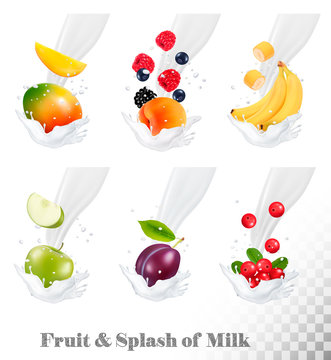 Big collection of icons of fruit and berries in a milk splash. S