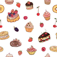 Vector seamless pattern with cakes, pastries