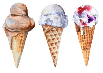 Set of ice cream in a cone. Chocolate, vanilla and fruit.