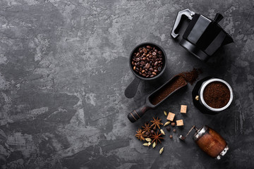 coffee on dark stone background with space for text