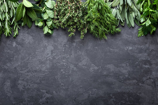 fresh herbs on dark stone background with space for text