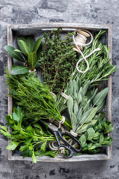 Plakaty fresh herbs in wooden box on stone background