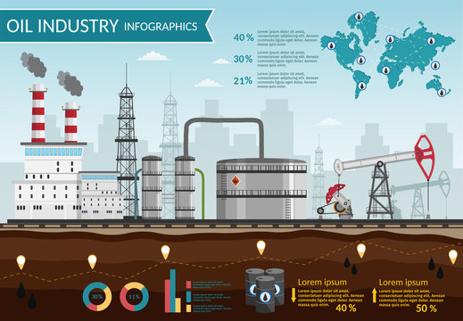 Vector Oil rig industry of processing petrol and transportation infographics production elements of set.