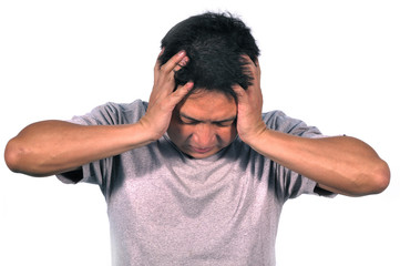 Middle Asian man 42 years old stressful having migraine use his