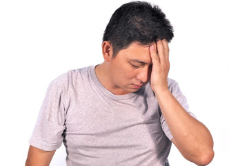 Middle Asian man 42 years old stressful having migraine use his