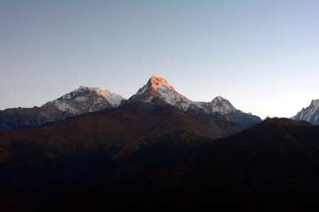 Sunrise view over Annapurna mountains, in the Himalayas mountain range from Poon Hill