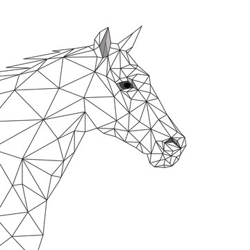 Cavallo geometrico, testa di cavallo vista di lato, design lineare di triangoli e poligoni sullo sfondo bianco