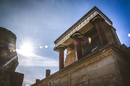 The North Entrance of the Palace with charging bull fresco in Knossos at Crete, Greece