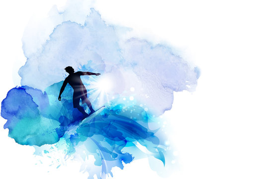 Abstract image of movement, speed and water. Black silhouette of surfer on the blue watercolor blots background.