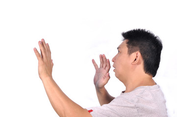 Asian middle man 42 years old hands up to protect something