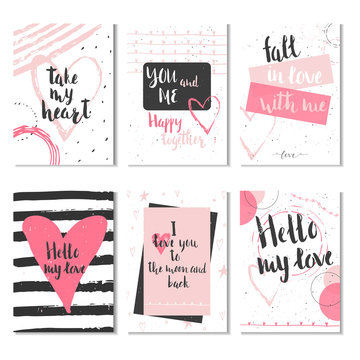 Set of 6 Valentines day gift cards with heart and lettering. Calligraphy, hand drawn design elements for print, poster, invitation.