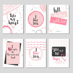 Set of 6 Valentines day gift cards with heart and lettering. Calligraphy, hand drawn design elements for print, poster, invitation.