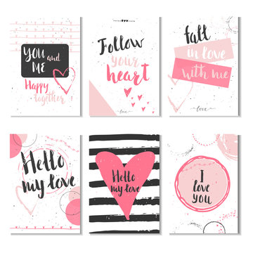 Set of 6 Valentines day gift cards with heart and lettering. Calligraphy, hand drawn design elements for print, poster, invitation.