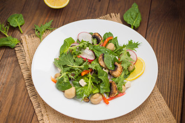 Fresh spring salad. Wooden background