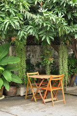Fototapeta na wymiar Wooden chair set next to tree and plant near wall.