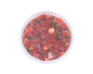 Pico de gallo, authentic mexican salsa in bpa free plastic container isolated on white background