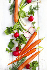 Spring vegetables on white wooden background with copy space. Ca