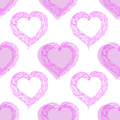 Seamless pattern with elegant ornate pink hearts on white background. Pattern for Valentines Day, Mother's Day