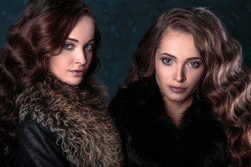 Young brunette twins women with perfect natural makeup and hair style wearing furs. fashion beauty portrait
