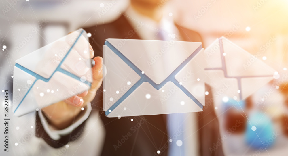 Aufkleber businessman touching 3d rendering flying email icon with a digit