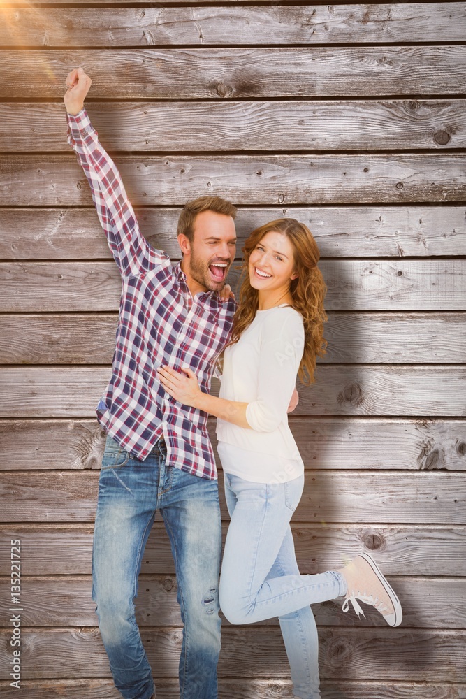 Sticker Composite image of young couple embracing and posing