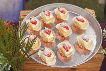 Sweet Homemade dessert with strawberry serve on the tray