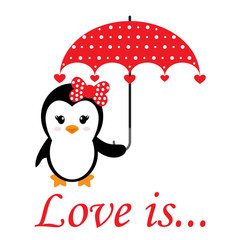 cartoon cute penguin girl with heart and umbrella and text