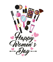 Happy women's day card with makeup icons around over white background. colorful design. vector illustration