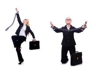 Businesswoman with chain isolated on the white