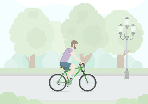Man riding on a bicycle in Public Park. Flat Design. Vector Illustration.