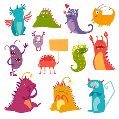 Monsters vector set. Kids cartoon toy, colorful cute character. Vivid fabulous incredible creatures. Monsters with lot of eyes and wings. Happy cheerful creature cyclops. Isolated on white background