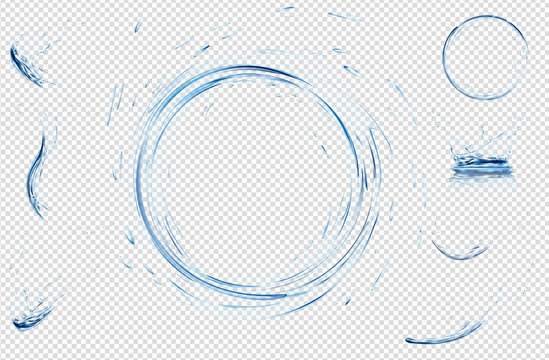 Transparent water splashes, drops, circle and crown from falling into the water in light blue colors. Vector 3d illustration. Purity freshness concept. Website abstract water background set.